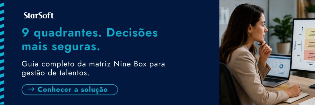 Matriz Nine Box com nove quadrantes organizados por eixo de potencial (vertical) e desempenho (horizontal), com labels de perfil em cada célula