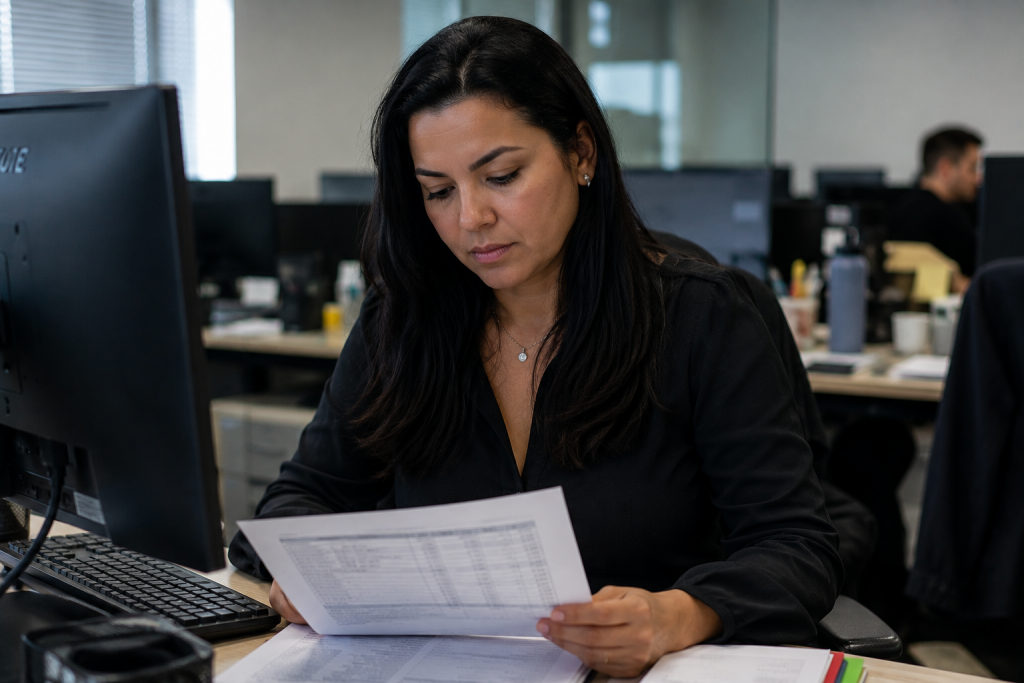 Profissional analisando a folha de pagamento para cálculo do INSS 2026