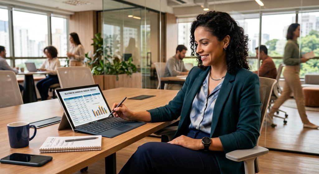 Mulher negra de cabelos cacheados, entre 30 e 40 anos, sorri suavemente enquanto analisa relatórios e gráficos em um tablet híbrido sobre uma mesa de madeira. Ela veste um blazer azul-petróleo e blusa estampada em um estilo business casual. Ao fundo, um escritório corporativo moderno com paredes de vidro, iluminação natural e outros profissionais trabalhando.