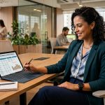 Mulher negra de cabelos cacheados, entre 30 e 40 anos, sorri suavemente enquanto analisa relatórios e gráficos em um tablet híbrido sobre uma mesa de madeira. Ela veste um blazer azul-petróleo e blusa estampada em um estilo business casual. Ao fundo, um escritório corporativo moderno com paredes de vidro, iluminação natural e outros profissionais trabalhando.